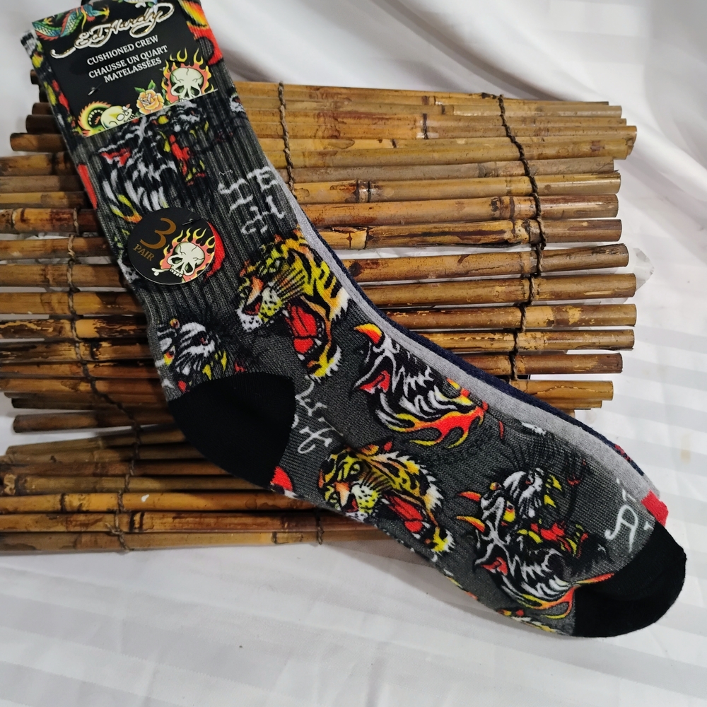 Ed Hardy Men's Graphic Crew Socks - Gray and Black 3 Pack.